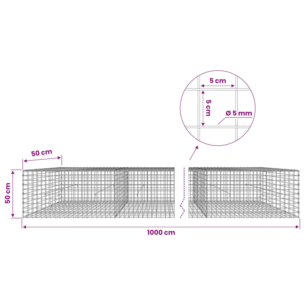 Gabion with 5 mm Wire and 5x5 cm Mesh 1000x50x50 cm