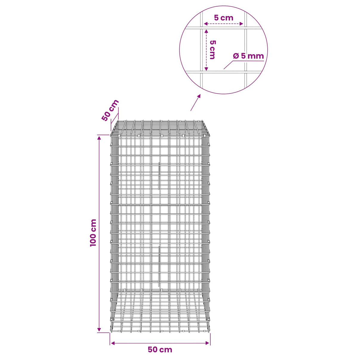Gabion with 5 mm Wire and 5x5 cm Mesh 50x50x100 cm