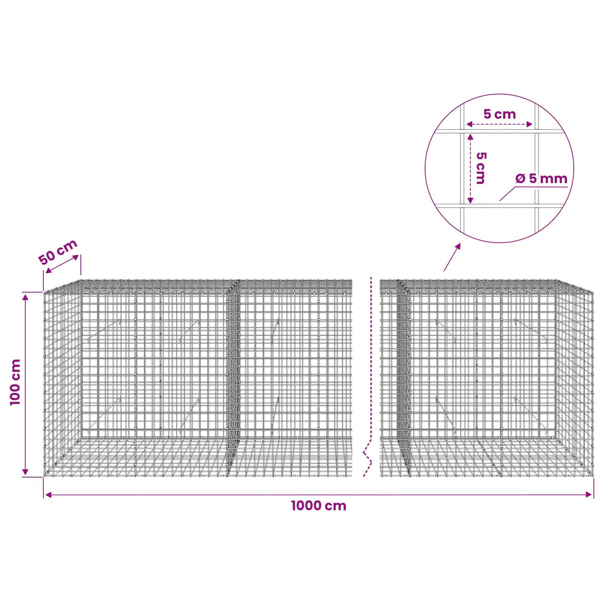 Gabion with 5 mm Wire and 5x5 cm Mesh 1000x50x100 cm