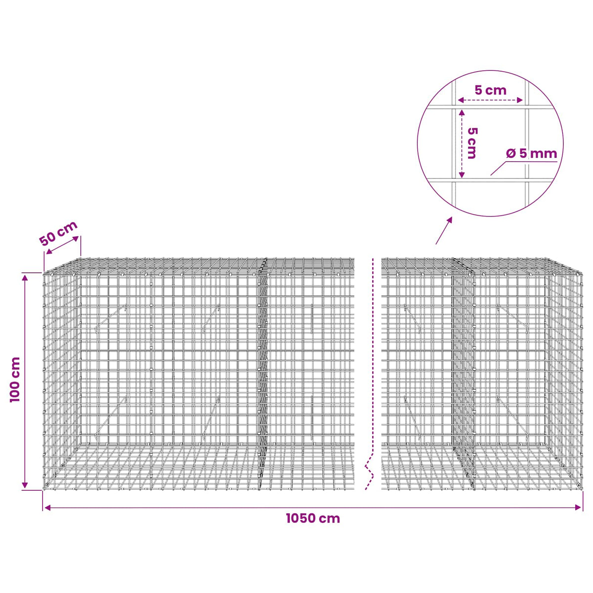 Gabion with 5 mm Wire and 5x5 cm Mesh 1050x50x100 cm