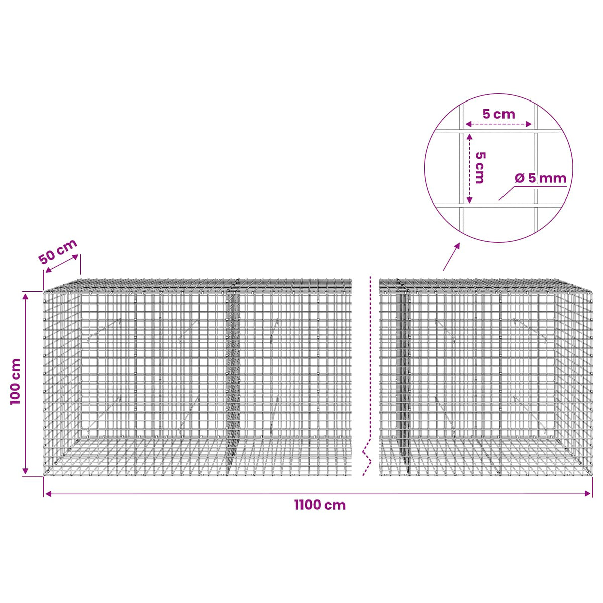 Gabion with 5 mm Wire and 5x5 cm Mesh 1100x50x100 cm