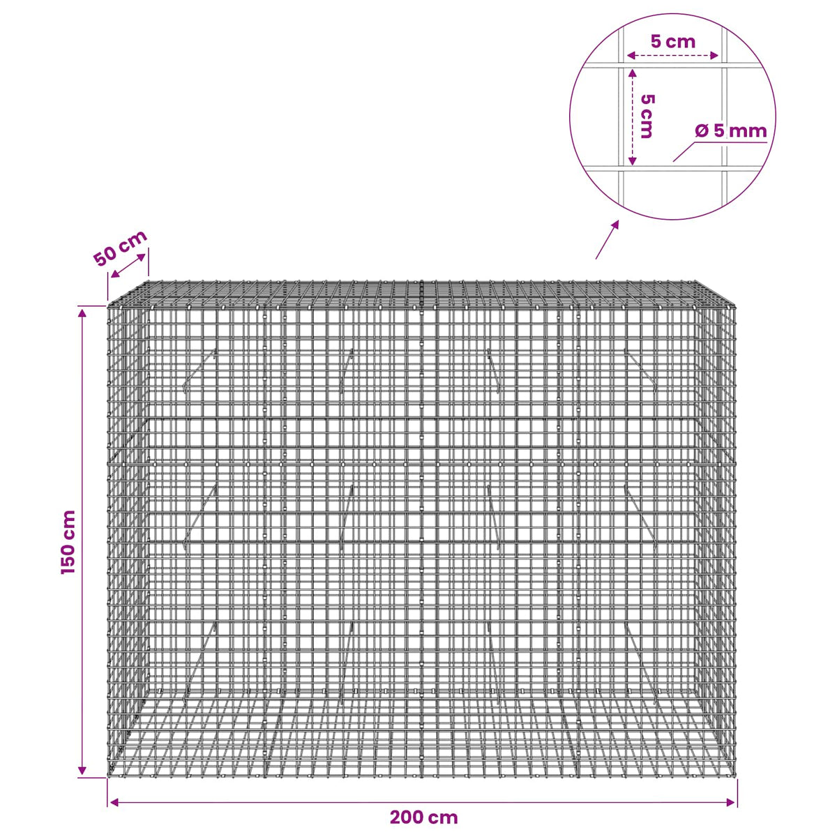 Gabion with 5 mm Wire and 5x5 cm Mesh 200x50x150 cm