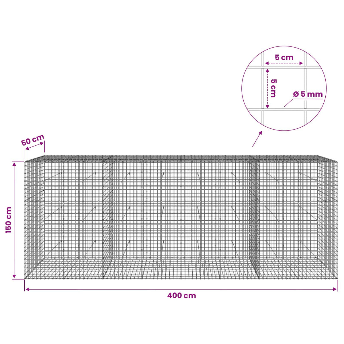 Gabion with 5 mm Wire and 5x5 cm Mesh 400x50x150 cm