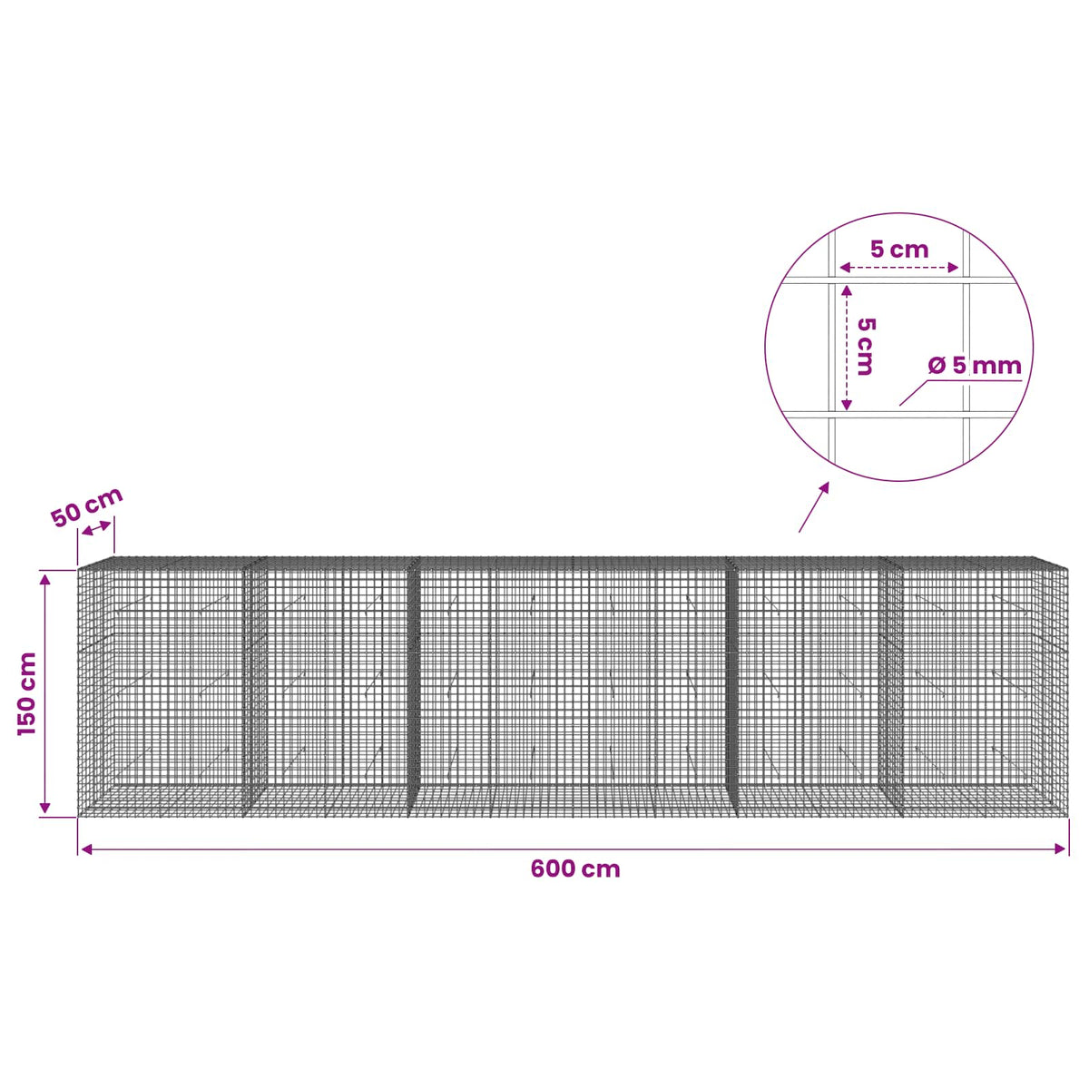 Gabion with 5 mm Wire and 5x5 cm Mesh 600x50x150 cm