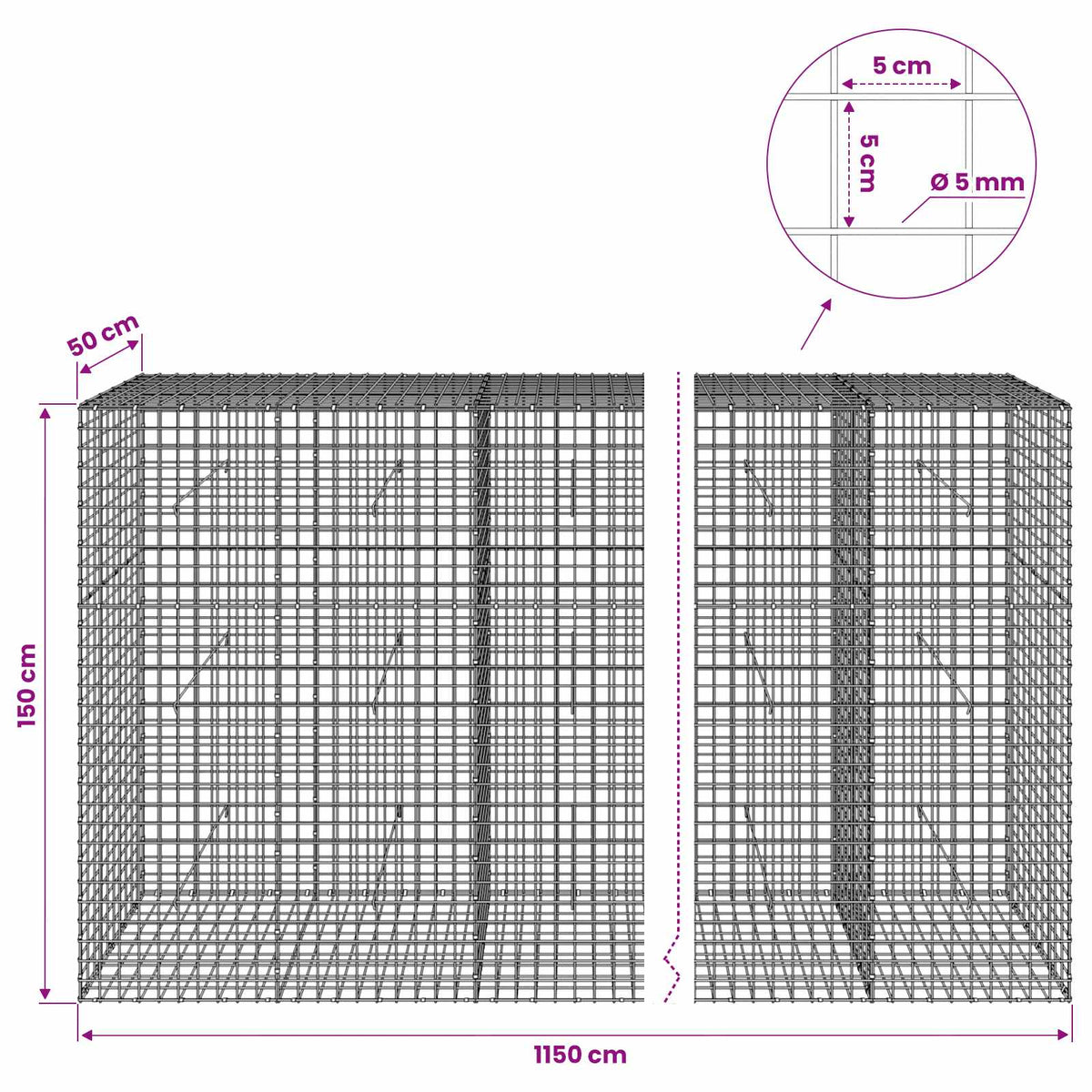 Gabion with 5 mm Wire and 5x5 cm Mesh 1150x50x150 cm