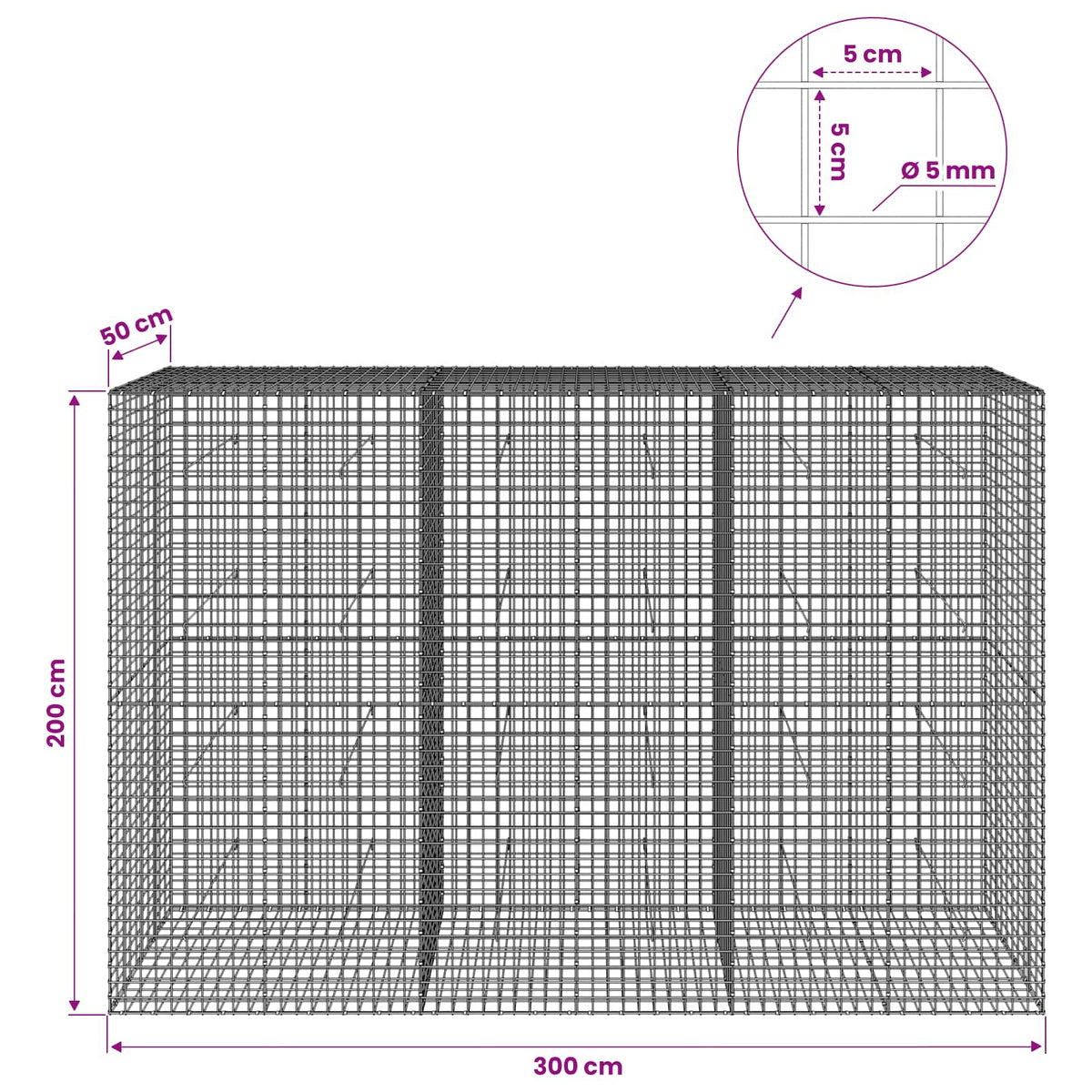 Gabion with 5 mm Wire and 5x5 cm Mesh 300x50x200 cm