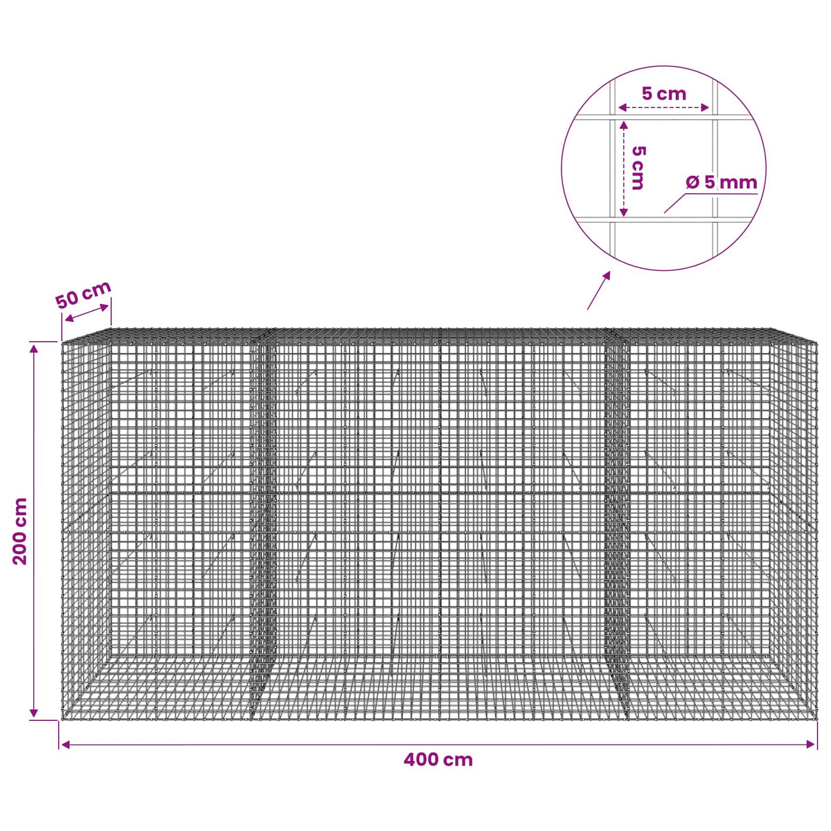 Gabion with 5 mm Wire and 5x5 cm Mesh 400x50x200 cm