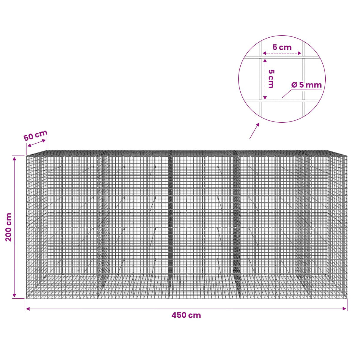Gabion with 5 mm Wire and 5x5 cm Mesh 450x50x200 cm
