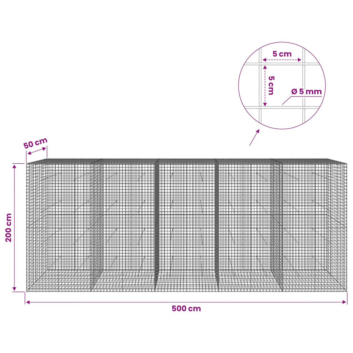 Gabion with 5 mm Wire and 5x5 cm Mesh 500x50x200 cm