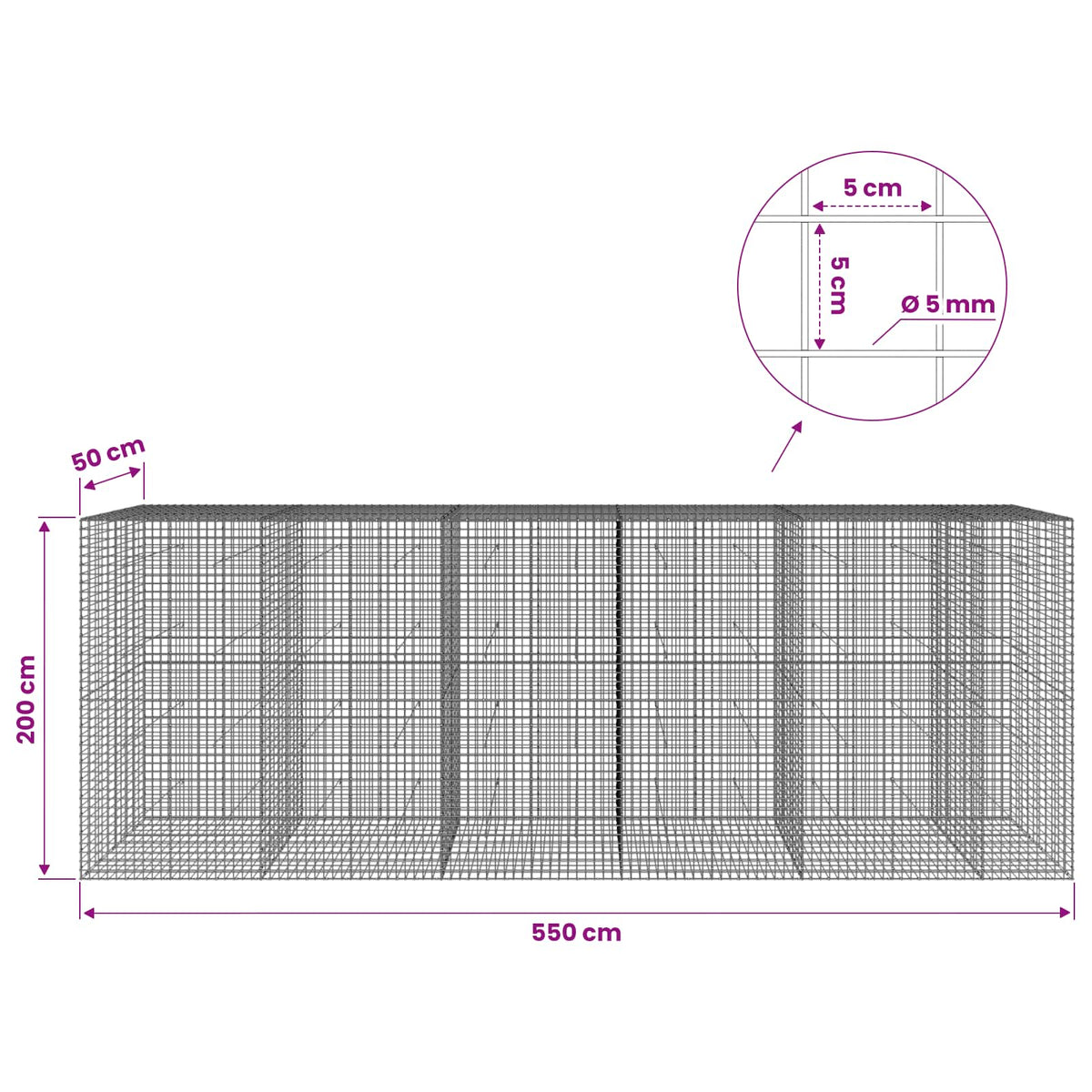 Gabion with 5 mm Wire and 5x5 cm Mesh 550x50x200 cm