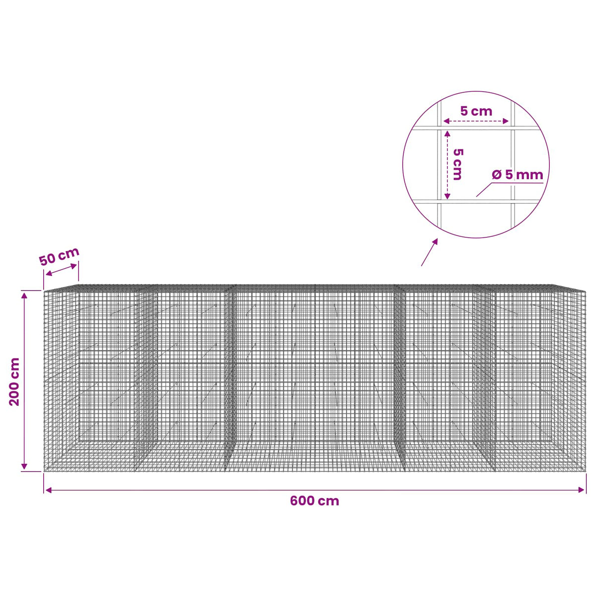 Gabion with 5 mm Wire and 5x5 cm Mesh 600x50x200 cm