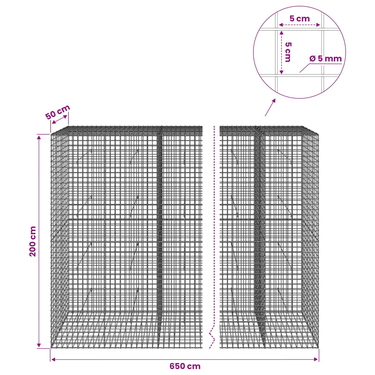 Gabion with 5 mm Wire and 5x5 cm Mesh 650x50x200 cm