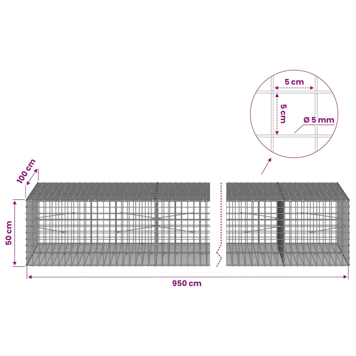 Gabion with 5 mm Wire and 5x5 cm Mesh 950x100x50 cm