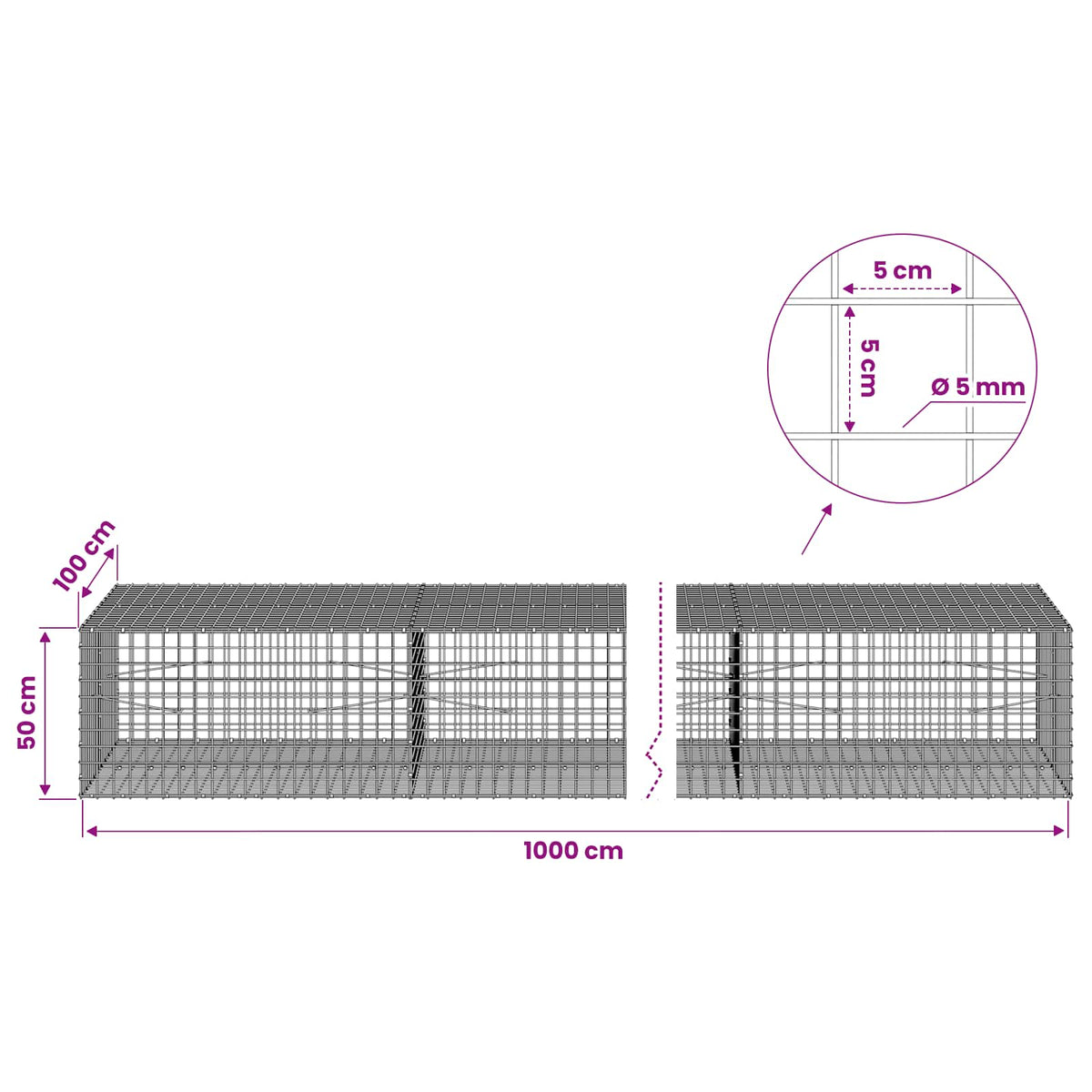 Gabion with 5 mm Wire and 5x5 cm Mesh 1000x100x50 cm