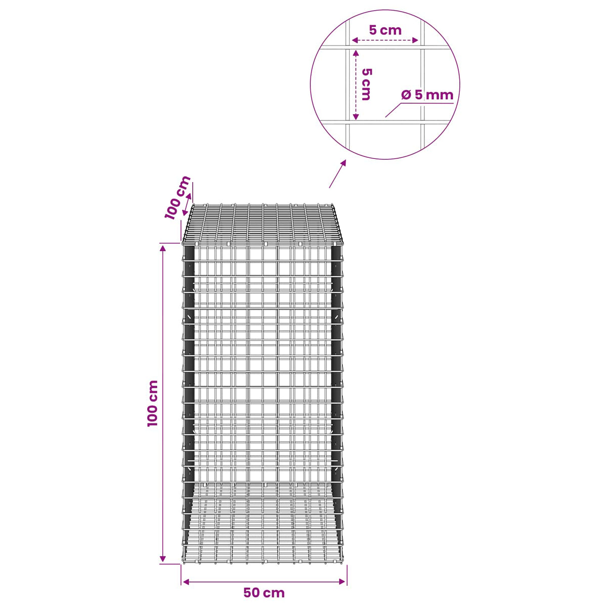 Gabion with 5 mm Wire and 5x5 cm Mesh 50x100x100 cm
