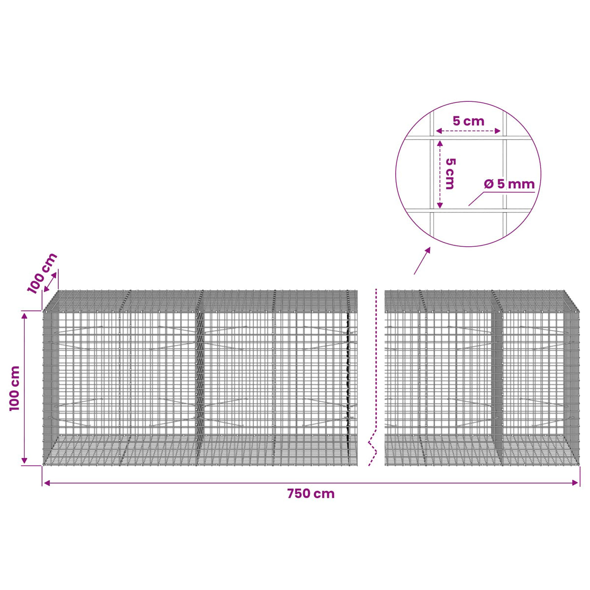 Gabion with 5 mm Wire and 5x5 cm Mesh 750x100x100 cm