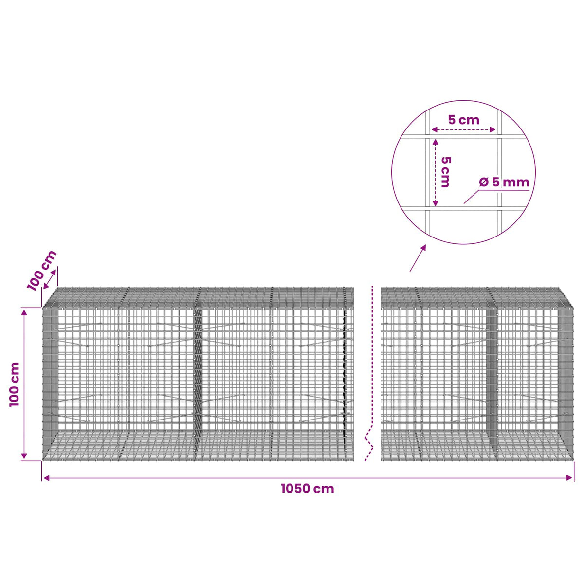 Gabion with 5 mm Wire and 5x5 cm Mesh 1050x100x100 cm