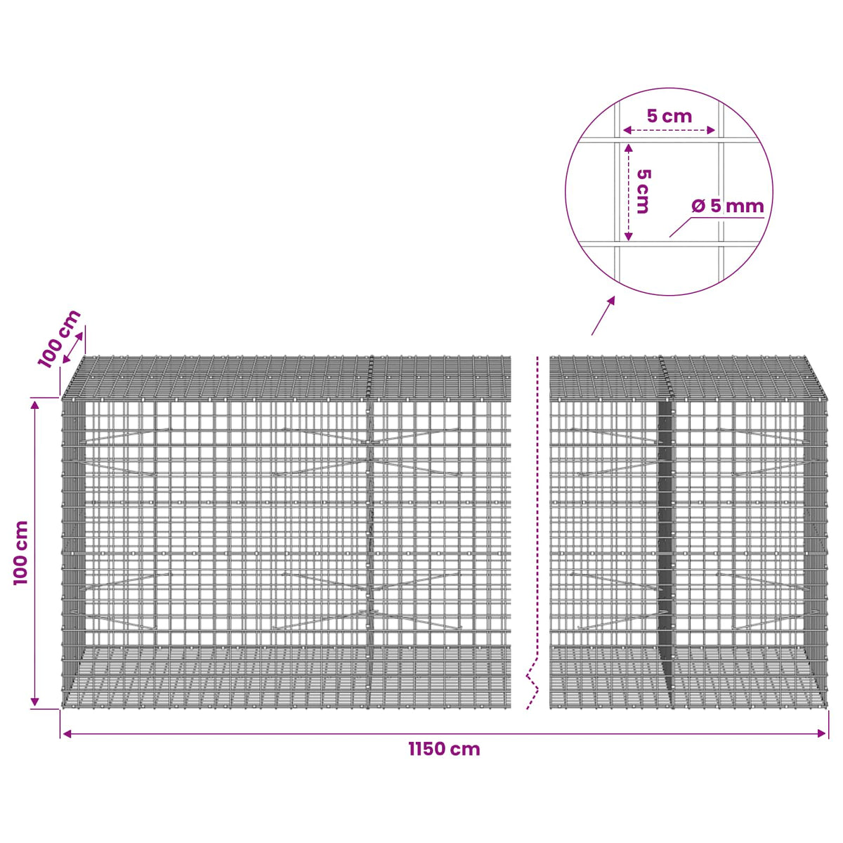 Gabion with 5 mm Wire and 5x5 cm Mesh 1150x100x100 cm