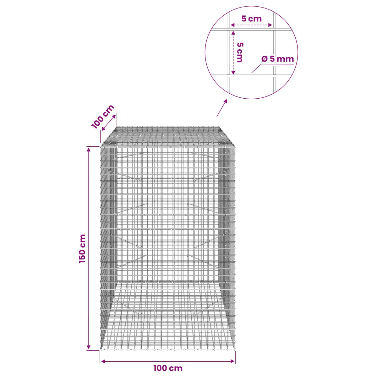 Gabion with 5 mm Wire and 5x5 cm Mesh 100x100x150 cm