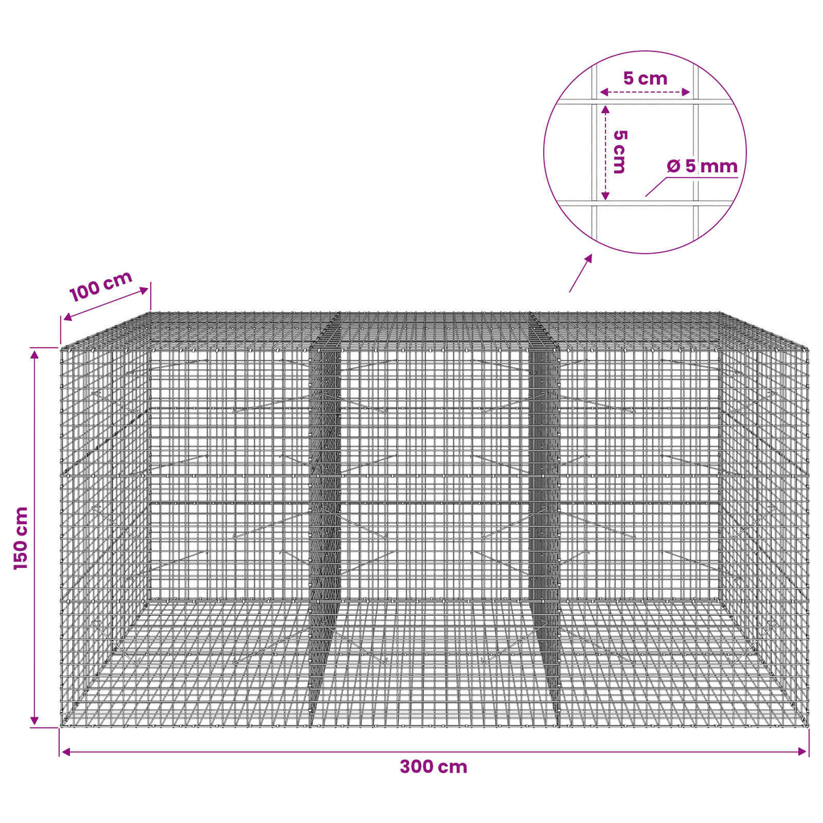 Gabion with 5 mm Wire and 5x5 cm Mesh 300x100x150 cm