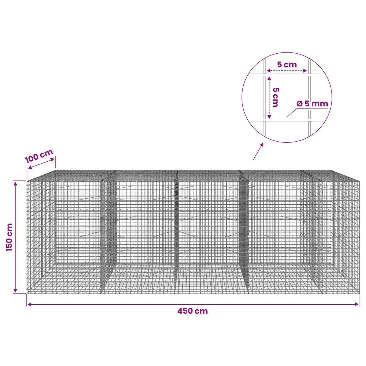 Gabion with 5 mm Wire and 5x5 cm Mesh 450x100x150 cm