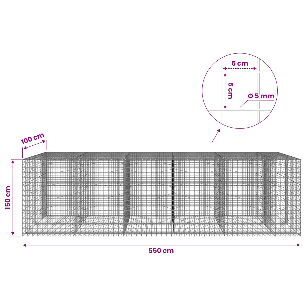 Gabion with 5 mm Wire and 5x5 cm Mesh 550x100x150 cm