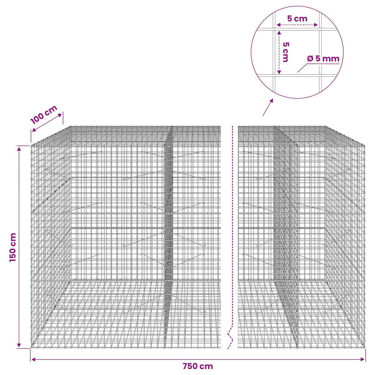 Gabion with 5 mm Wire and 5x5 cm Mesh 750x100x150 cm