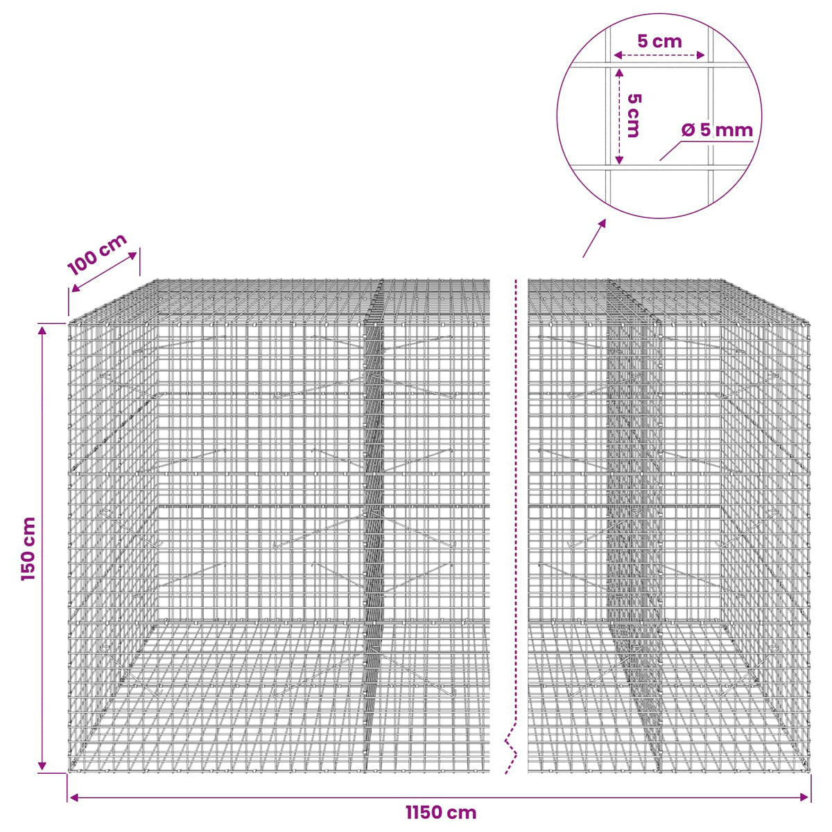 Gabion with 5 mm Wire and 5x5 cm Mesh 1150x100x150 cm