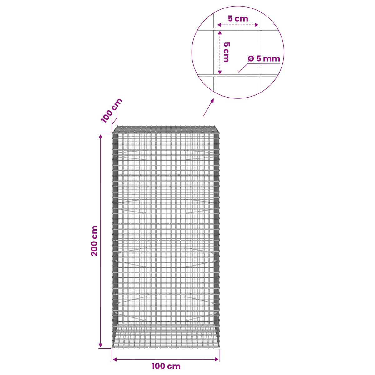 Gabion with 5 mm Wire and 5x5 cm Mesh 100x100x200 cm