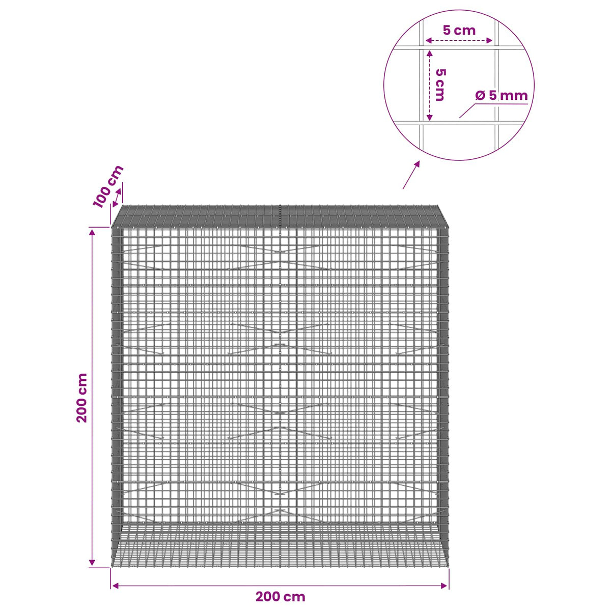 Gabion with 5 mm Wire and 5x5 cm Mesh 200x100x200 cm
