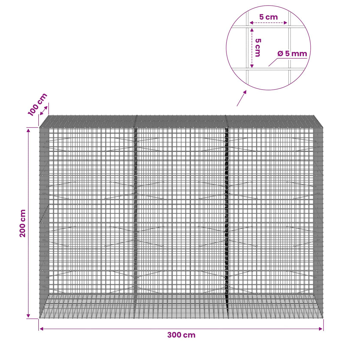 Gabion with 5 mm Wire and 5x5 cm Mesh 300x100x200 cm
