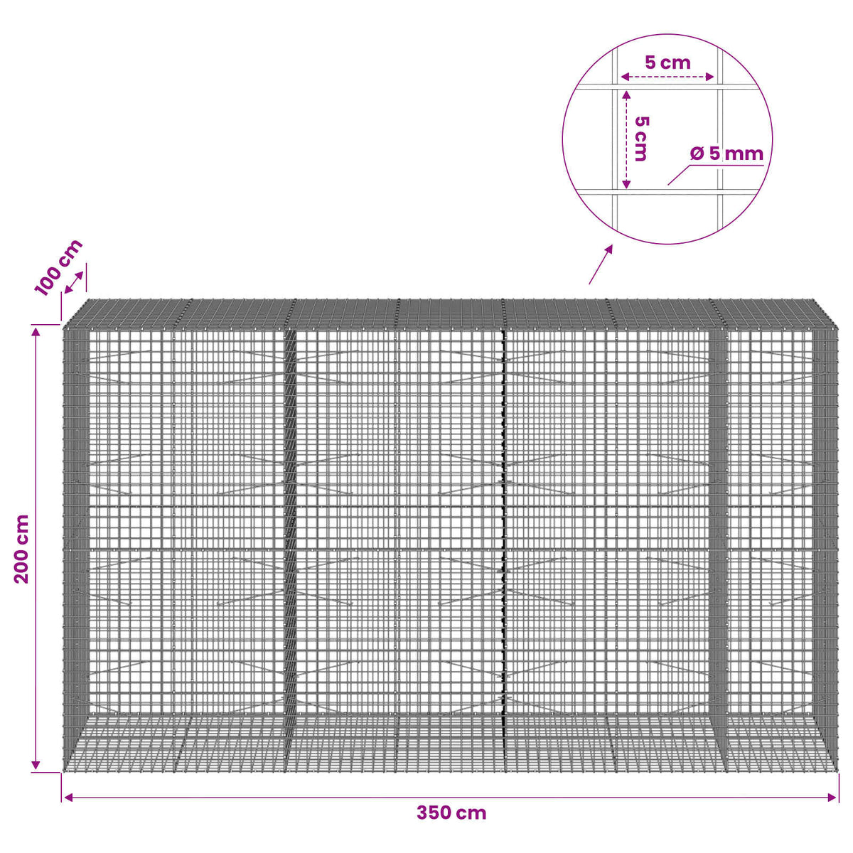 Gabion with 5 mm Wire and 5x5 cm Mesh 350x100x200 cm