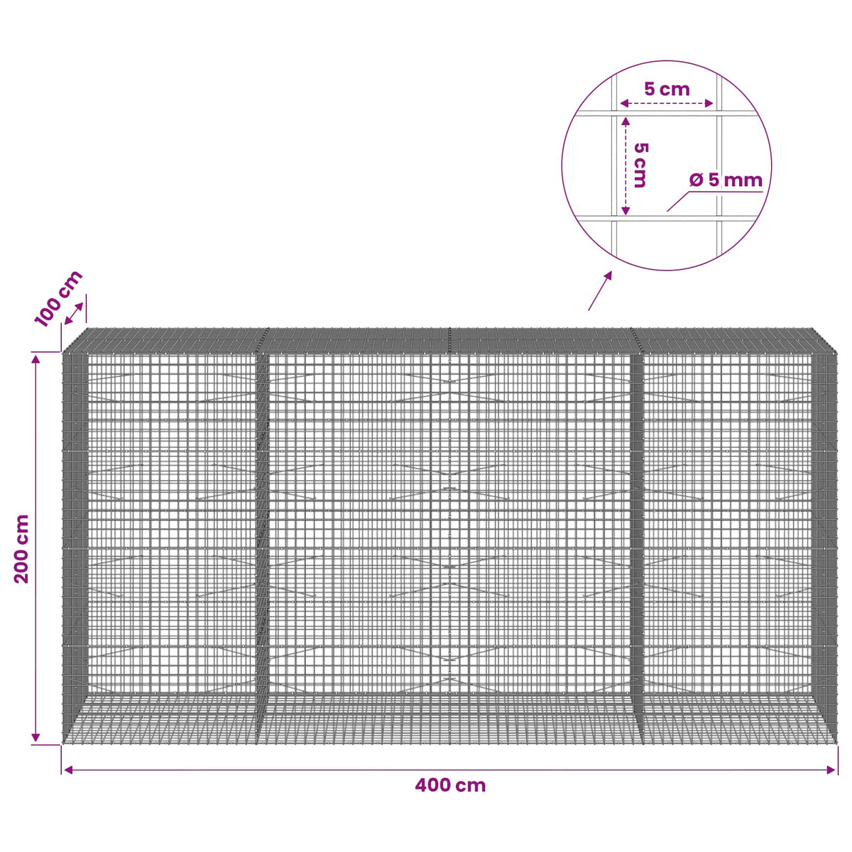 Gabion with 5 mm Wire and 5x5 cm Mesh 400x100x200 cm