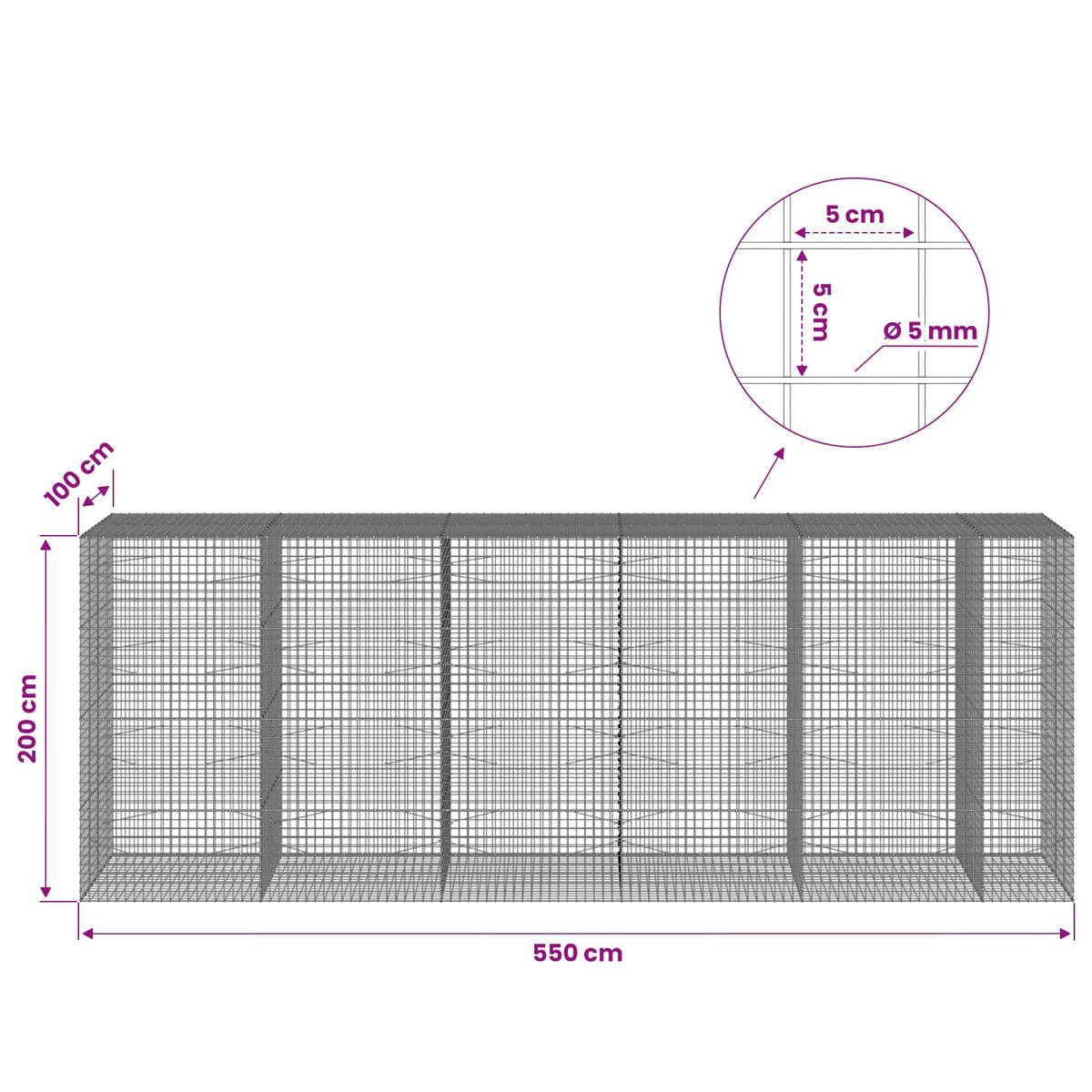 Gabion with 5 mm Wire and 5x5 cm Mesh 550x100x200 cm