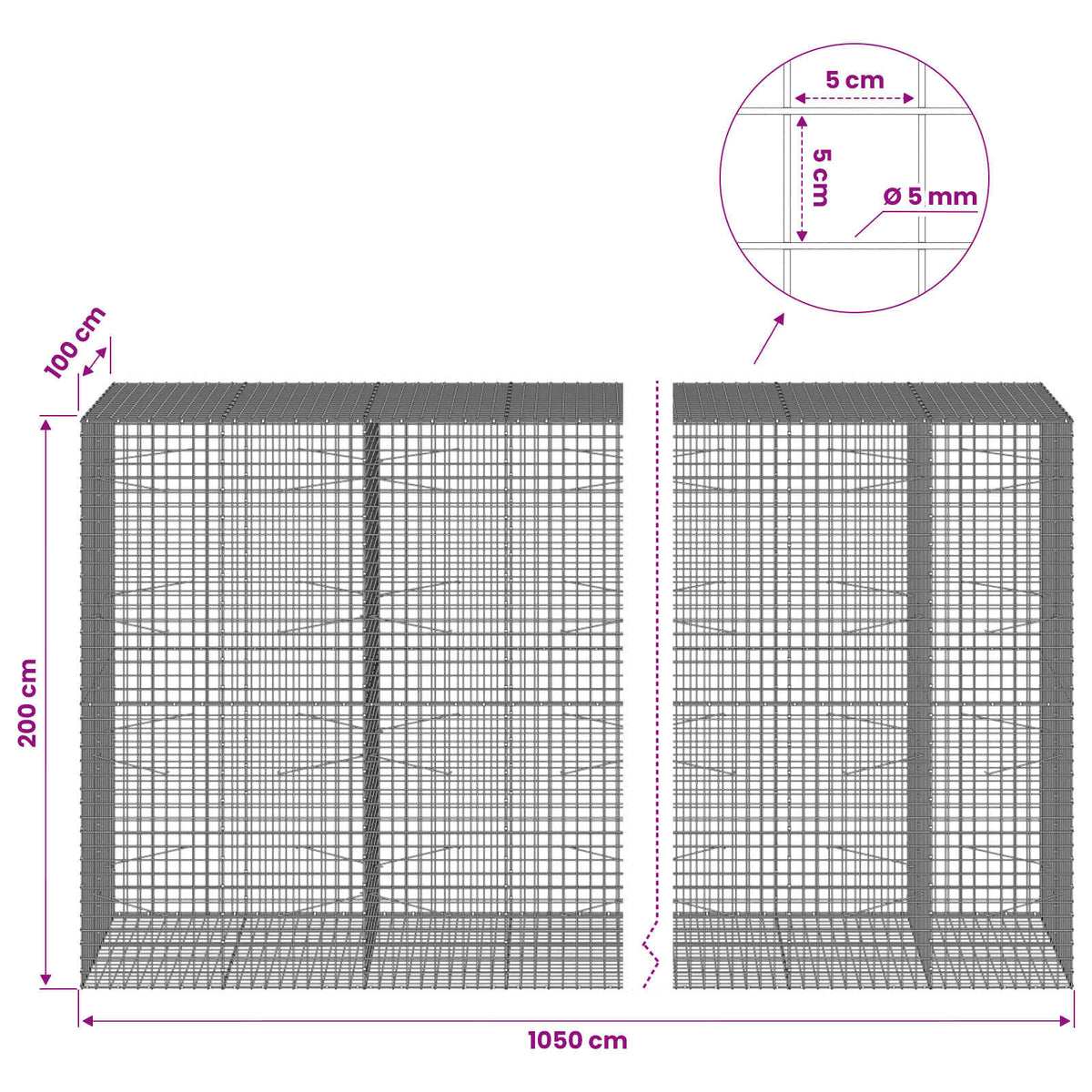Gabion with 5 mm Wire and 5x5 cm Mesh 1050x100x200 cm