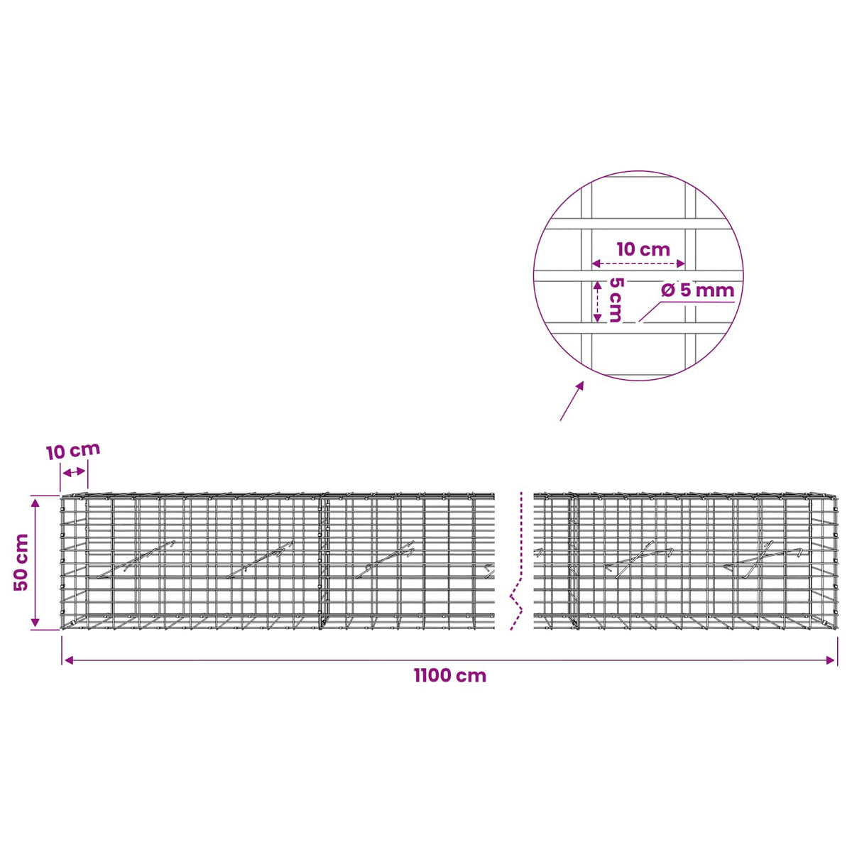 Gabion with 5 mm Wire and 5x10 cm Mesh 1100x10x50 cm