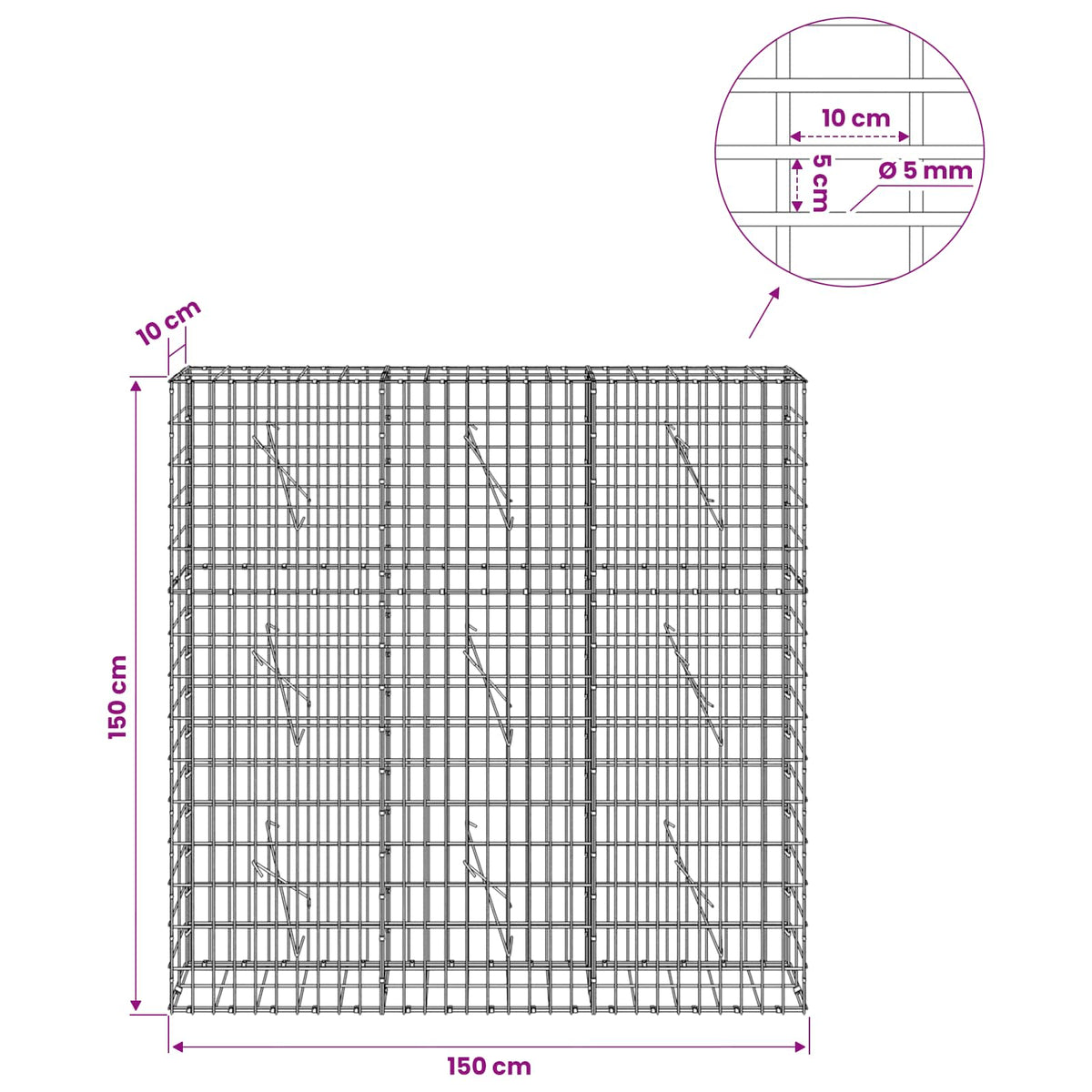Gabion with 5 mm Wire and 5x10 cm Mesh 150x10x150 cm