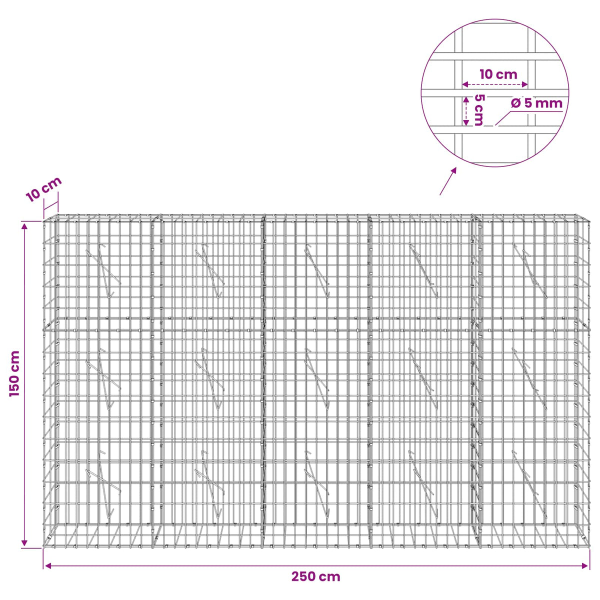 Gabion with 5 mm Wire and 5x10 cm Mesh 250x10x150 cm