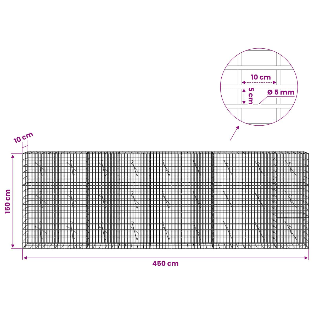 Gabion with 5 mm Wire and 5x10 cm Mesh 450x10x150 cm