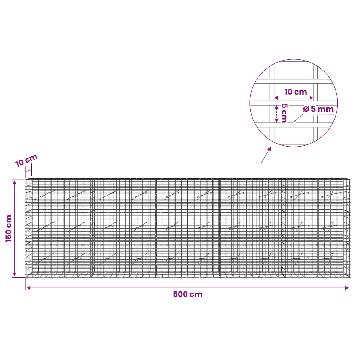 Gabion with 5 mm Wire and 5x10 cm Mesh 500x10x150 cm