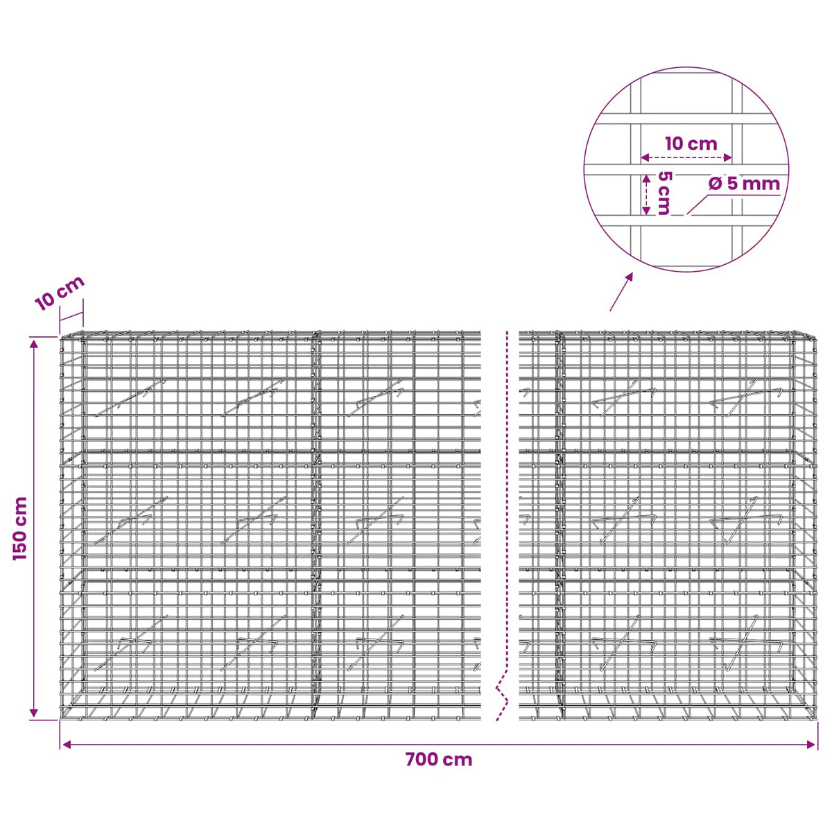 Gabion with 5 mm Wire and 5x10 cm Mesh 700x10x150 cm