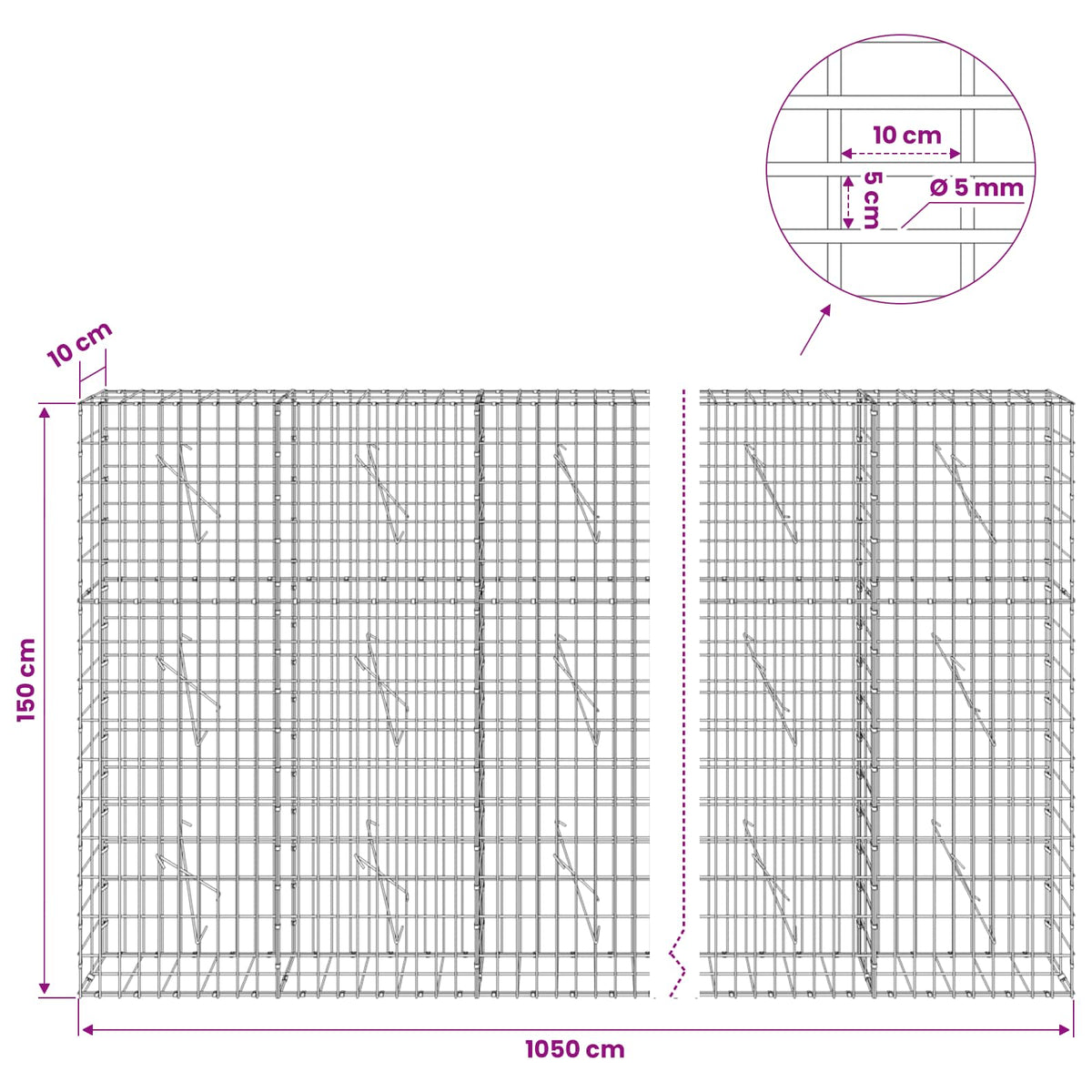 Gabion with 5 mm Wire and 5x10 cm Mesh 1050x10x150 cm