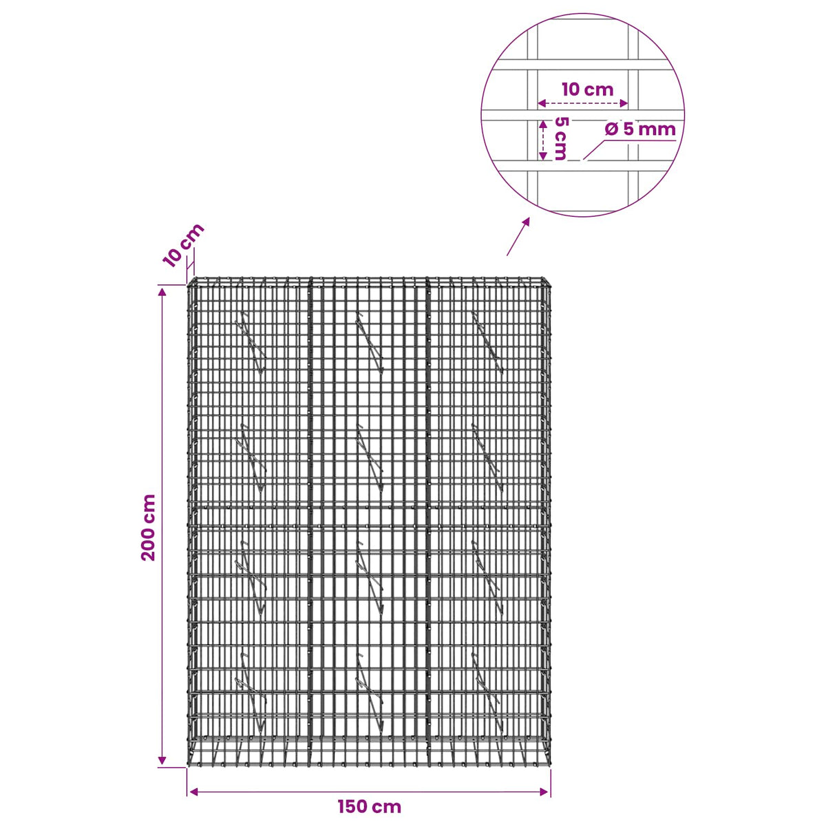 Gabion with 5 mm Wire and 5x10 cm Mesh 150x10x200 cm