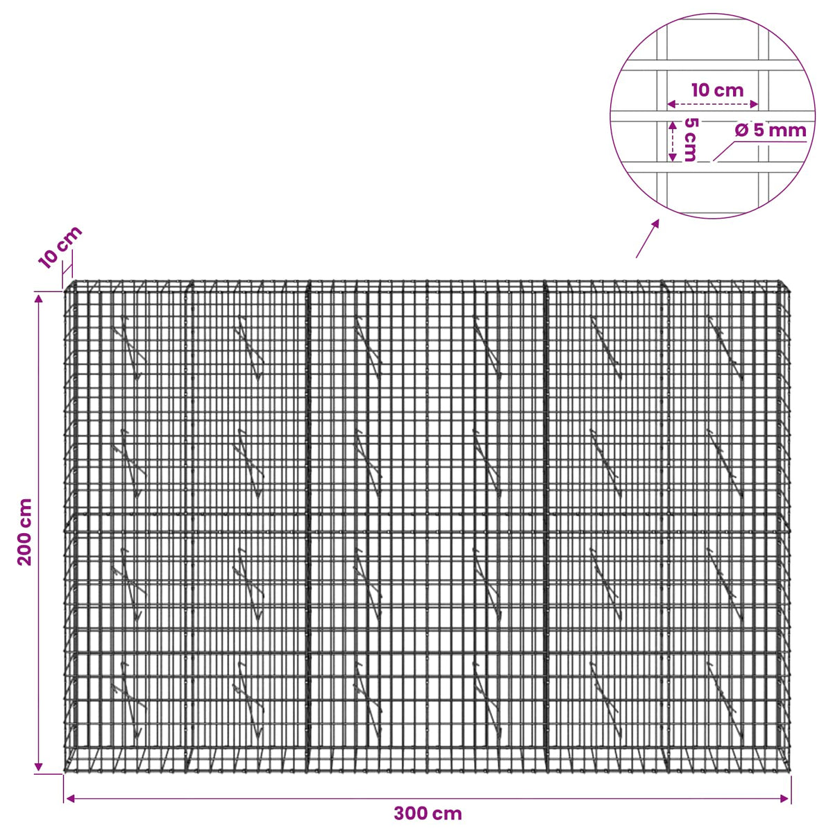 Gabion with 5 mm Wire and 5x10 cm Mesh 300x10x200 cm