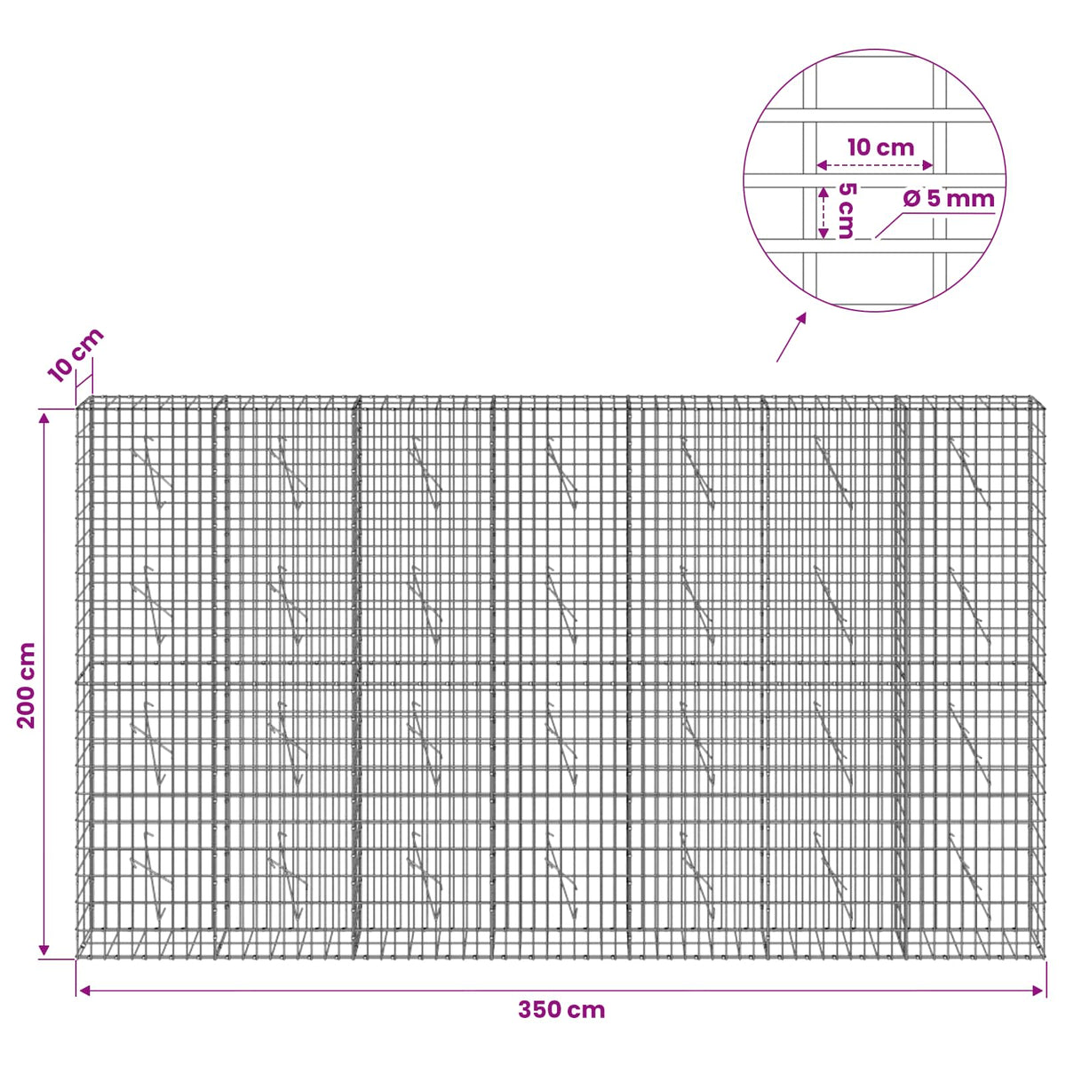 Gabion with 5 mm Wire and 5x10 cm Mesh 350x10x200 cm