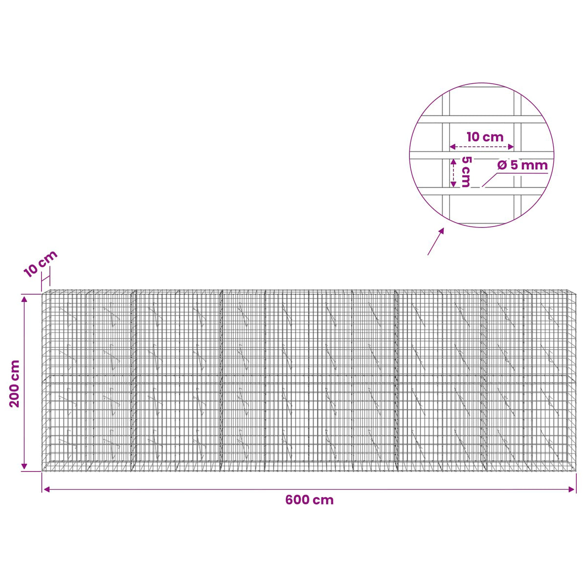 Gabion with 5 mm Wire and 5x10 cm Mesh 600x10x200 cm