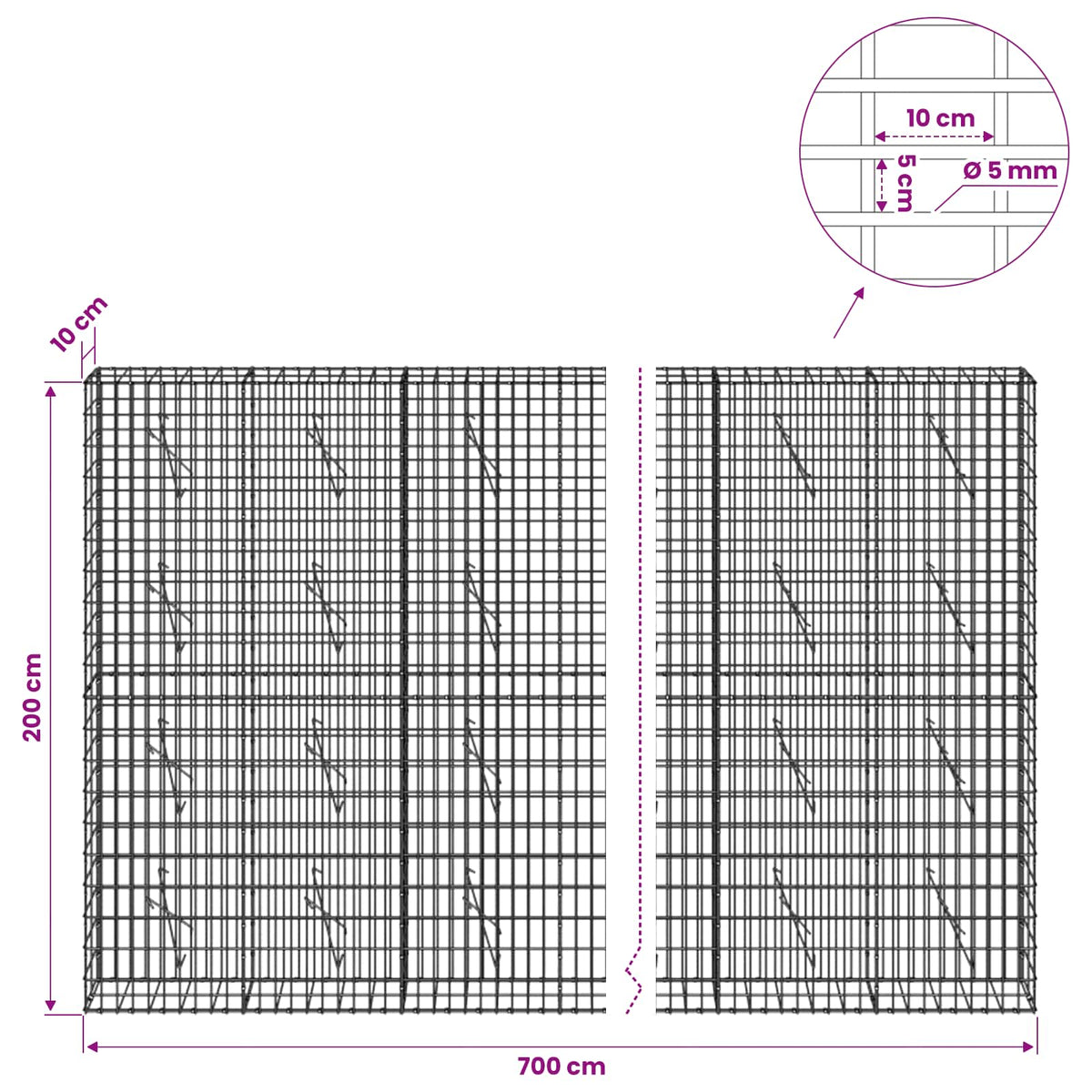Gabion with 5 mm Wire and 5x10 cm Mesh 700x10x200 cm