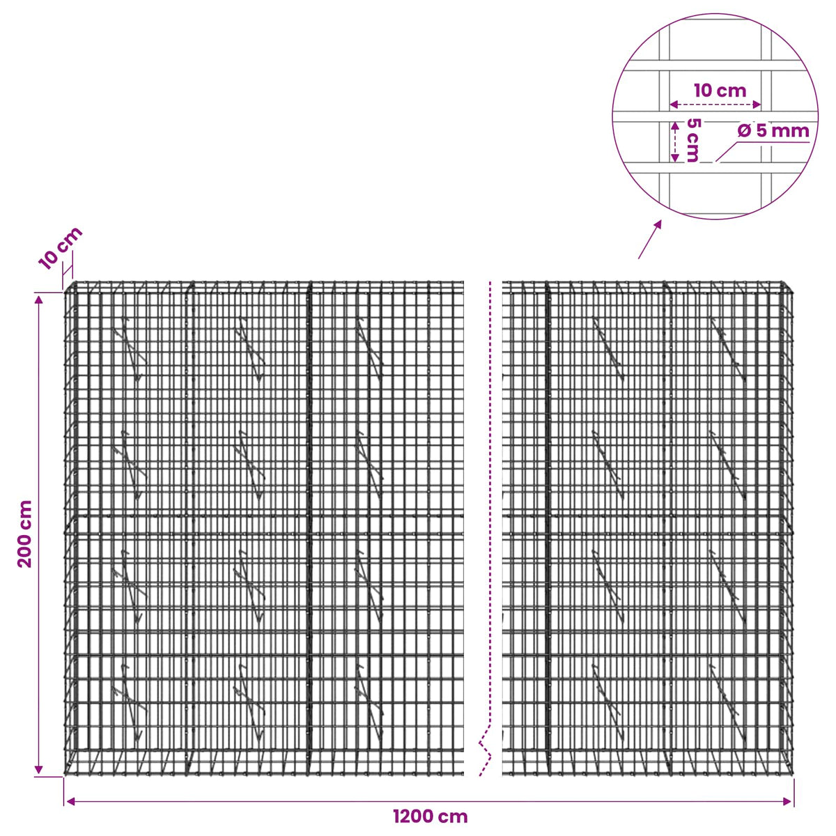 Gabion with 5 mm Wire and 5x10 cm Mesh 1200x10x200 cm