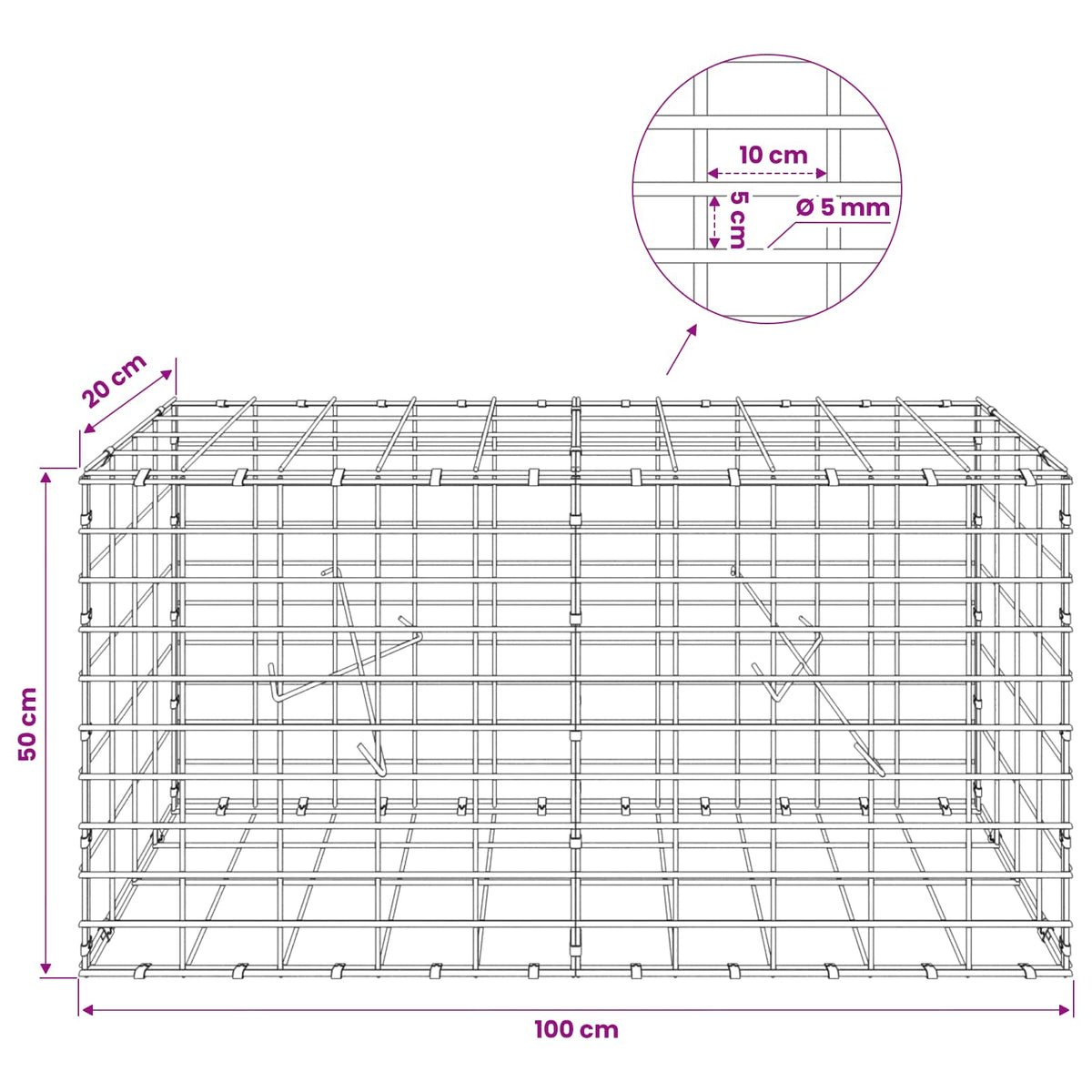Gabion with 5 mm Wire and 5x10 cm Mesh 100x20x50 cm