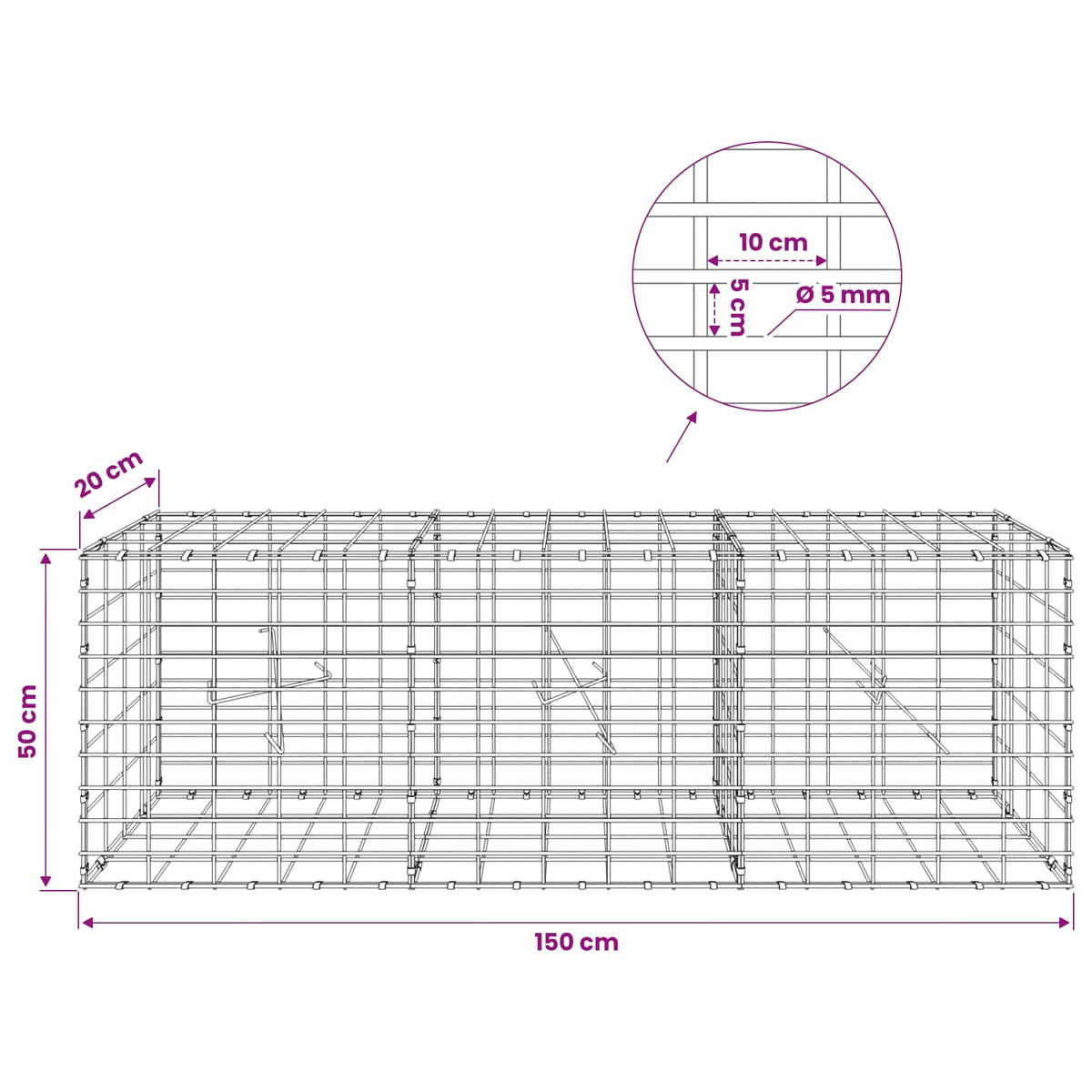 Gabion with 5 mm Wire and 5x10 cm Mesh 150x20x50 cm